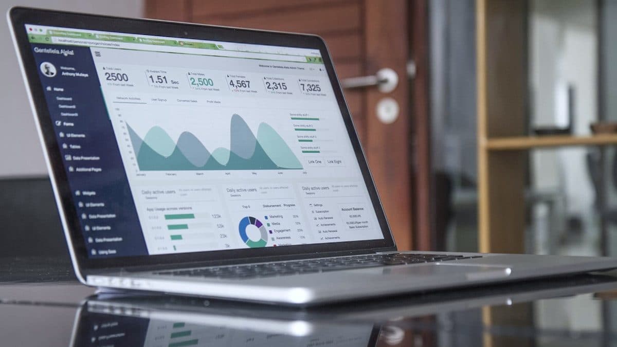 Laptop on a desk showing a business operations dashboard of charts and figures